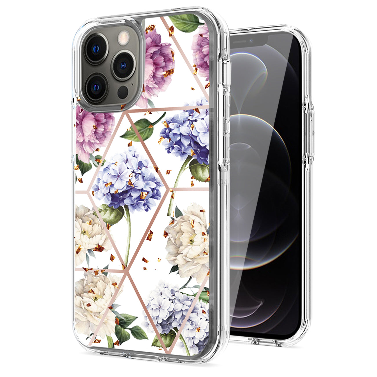 Flower Design Pattern Printing Dual Layer Hybrid Hard Plastic and Soft TPU Rubber Case Cover for APPLE IPHONE 12 PRO MAX In Light Purple Base Flower